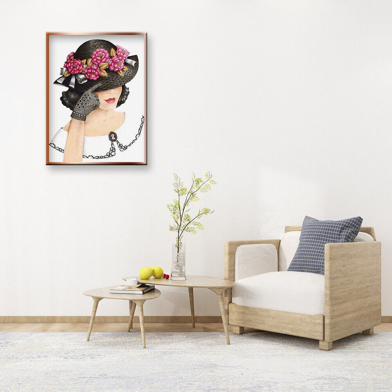 DIY Mosaic Kit 5D Round Painting Full Diamond Drill Woman with Flower Hat Gift