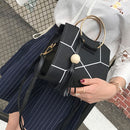 Women PU Leather Floral Printed Tassel Handbag Crossbody Shoulder(Black)