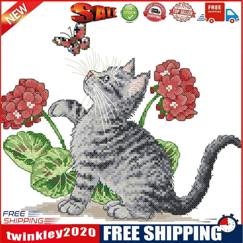 14CT Printed Partial Cross Stitch Handcraft Flower Cat Artwork Wall Decor
