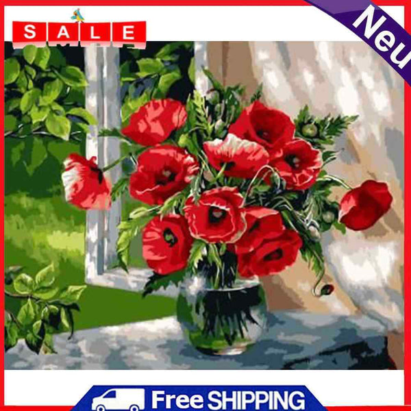 Oil Paint By Numbers Picture DIY Painting Red Flower Handmade Gift for Adults
