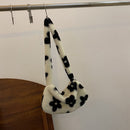 Retro Women Flower Print Shoulder Underarm Bag Winter Plush Purse (Black)