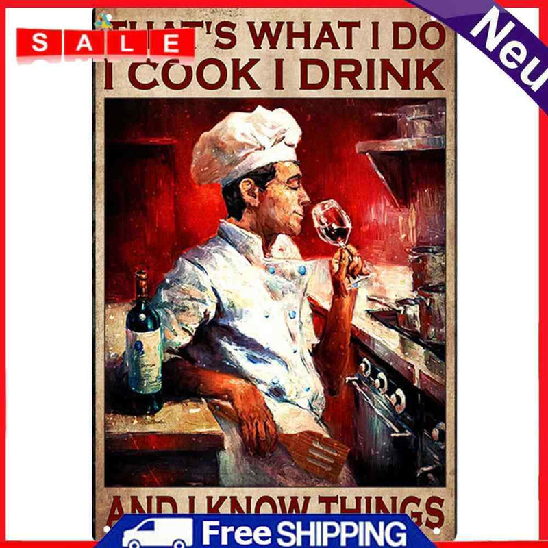 Retro Poster Tin Sign Painting Chef Drink Wine Wall Art for Cafe Bar Club Shop