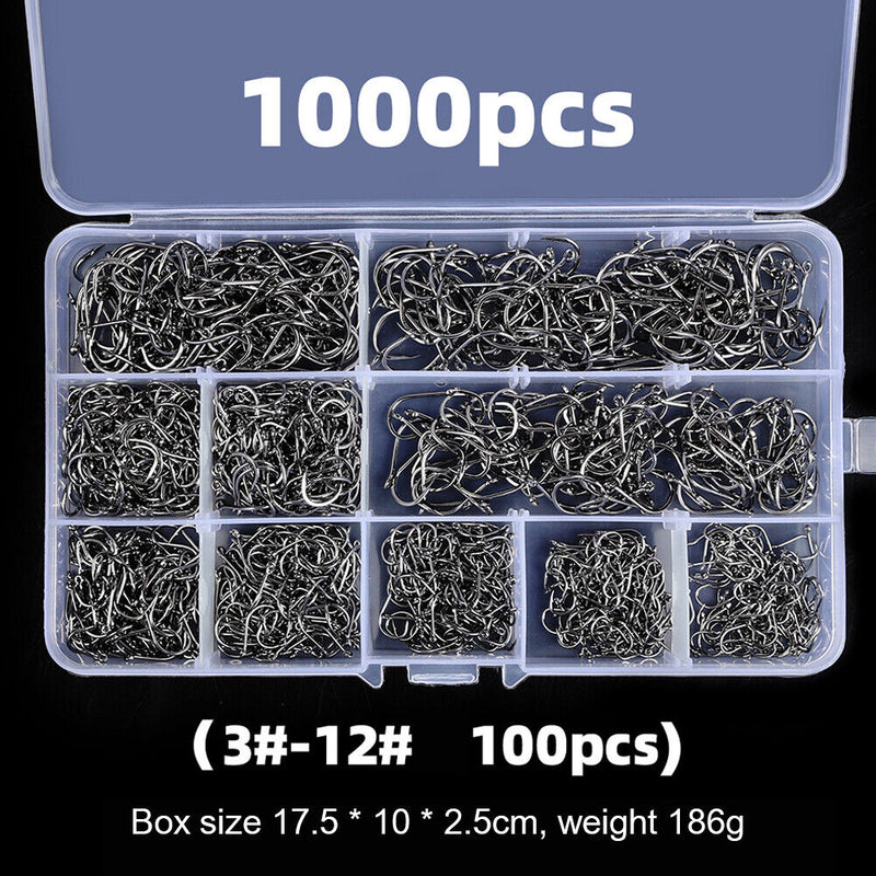 Mixed Sizes Fishing Hooks Set High Carbon Steel Sharp Barbed Hook (1000pcs)