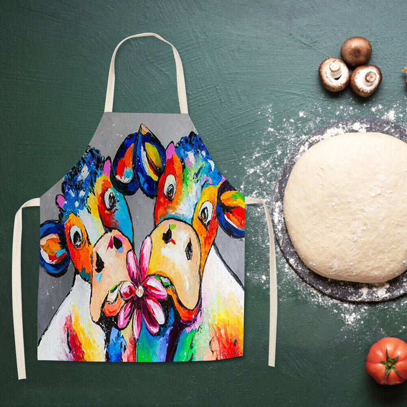 Oil Paint Cattle Print Kitchen Linen Apron Waterproof Bibs Pinafore for Women