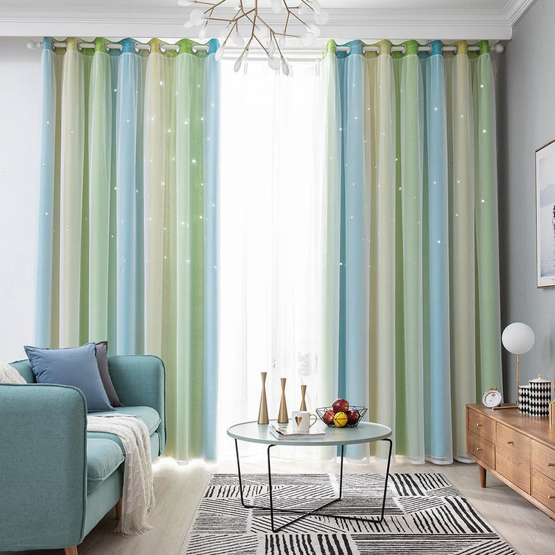 Gradient Hollow Star Curtain Bedroom Full Blackout Window Drapes (Green)