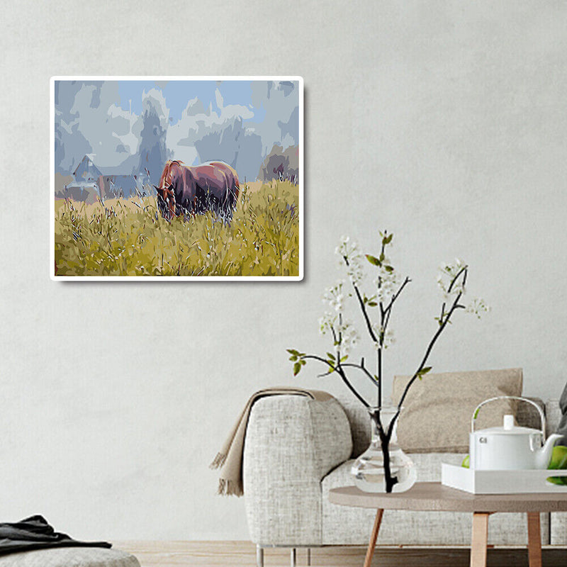 DIY Oil Painting By Numbers Kit Horses Eat Grass Hand Painted Picture Home Decor