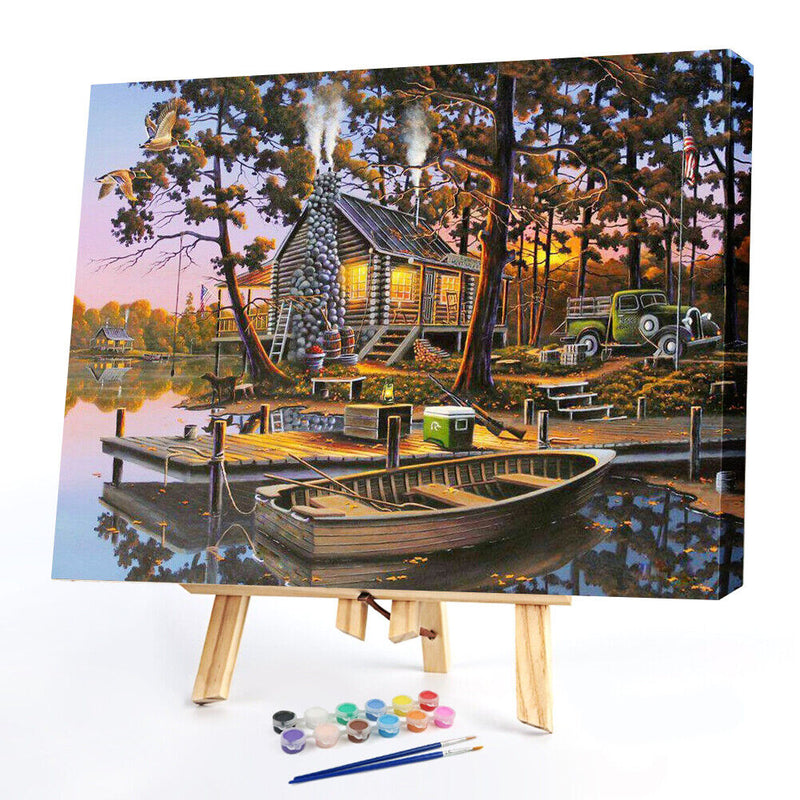 Home Hand Painted on Canvas DIY Lake House Oil Paint By Numbers Drawing Kit