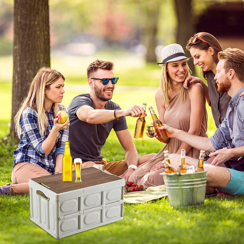 Folding Car Trunk Storage Box Wooden Lid Outdoor Camping Organizer (White)