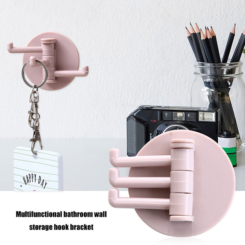 Bathroom Wall Hanging Rotatable 3 Hooks Adhesive Bracket Holder (Pink) Newly