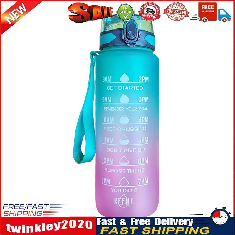 1000ml Sports Water Bottle Time Marker Outdoor Portable Cups (Green Lid) Newly