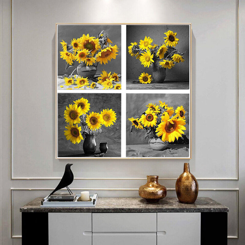 DIY Hand Painted 4 Panel Paint By Numbers Oil Canvas Pictures Sunflower Kit Gift