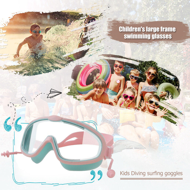 Children Swimming Goggles w/ Earbuds Anti Fog Swimming Glasses (Pink Green)