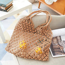 Beach Straw Shoulder Bag Womens Woven Summer Vacation Cotton Hollow Fishnet Tote