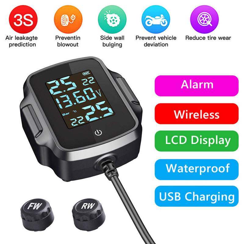 Motorcycle Tire Pressure Monitoring Alarm System TPMS with QC 3.0 USB Charger