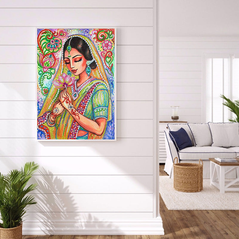 Partial Special Diamond Painting Kit Girl Holding Lotus Rhinestone Picture