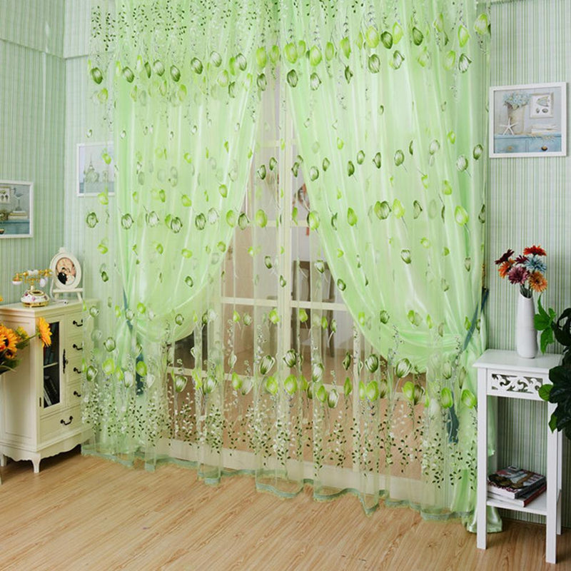 2pcs Tulip Flower Yarn Sheer Window Curtain Scarf Drapes(Blue)