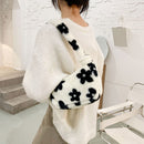 Women Plush Flower Print Shoulder Bag Female Winter Warm Fabric Shopping Bags