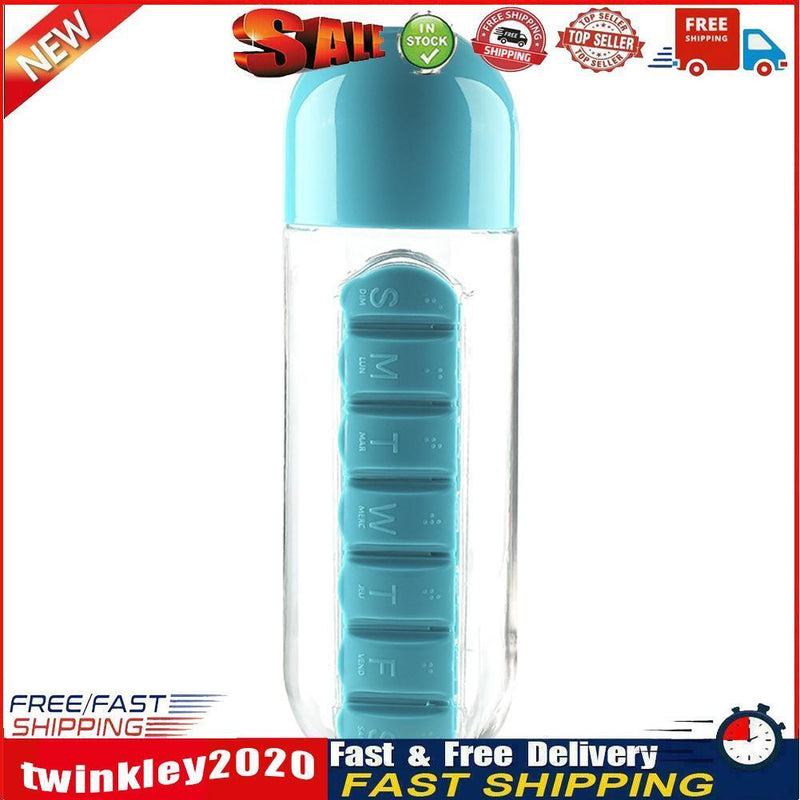 Portable Water Bottle with Pill Box Outdoor Container Medicine Cup (Blue) Newly