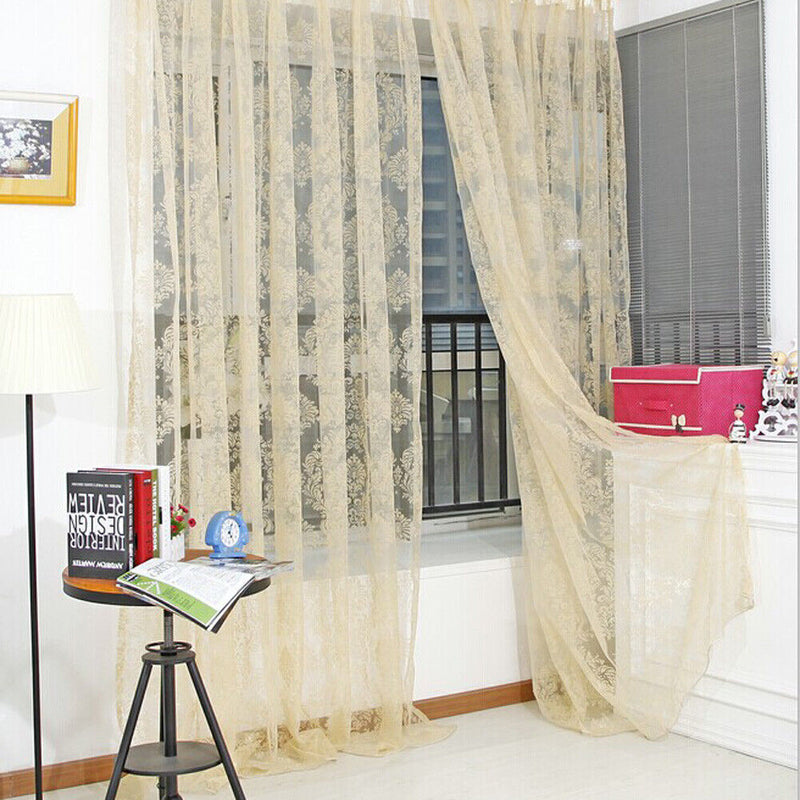 Flocking Floral Tulle Printed Window Door Curtain for Living Room (Beige)