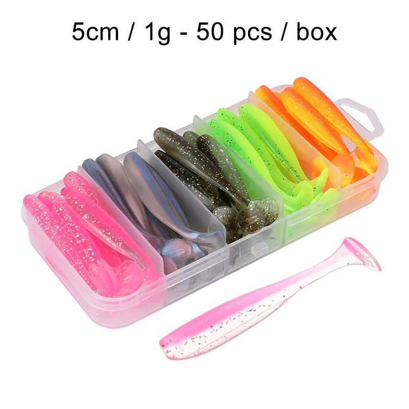 50pcs T Tail Soft Lures Artificial Fishing Bait for Freshwater (7cm 2.1g)