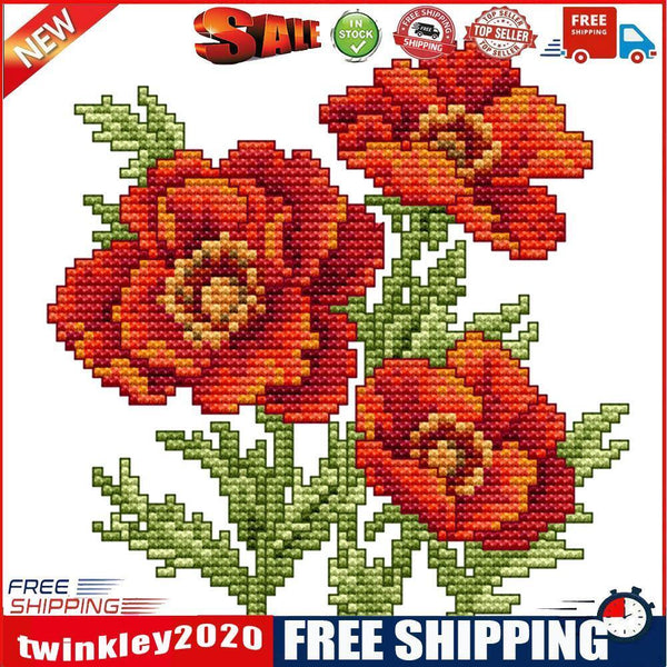 17x17cm Needlework Kit DIY Cross Stitch 14CT Stamped (H452 Red Flower)