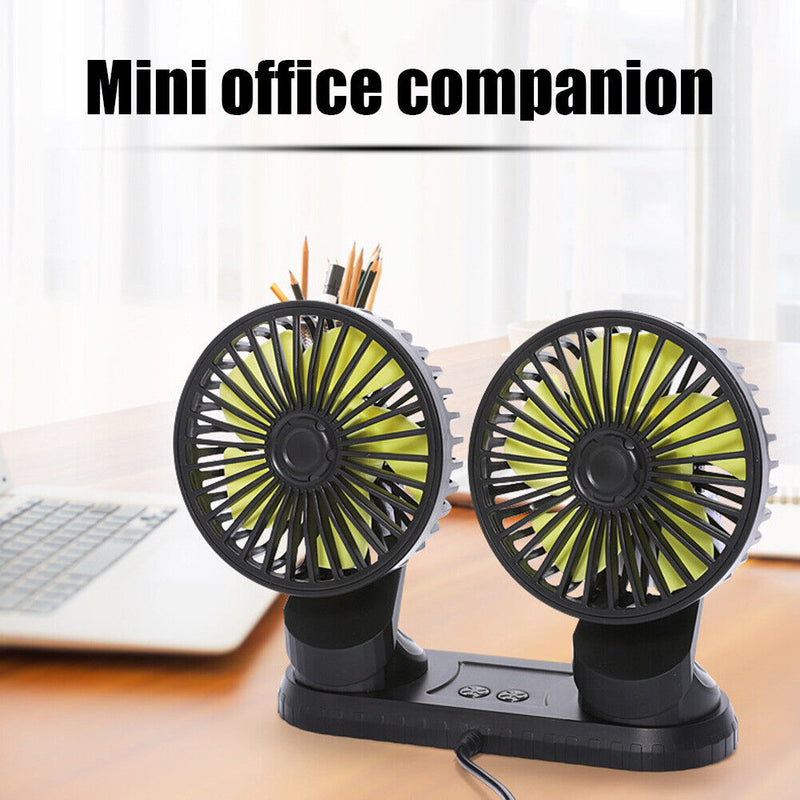 USB Powered Car Fan Multi-Angle Rotatable Dual Head 3-Speed Dashboard Dual Head