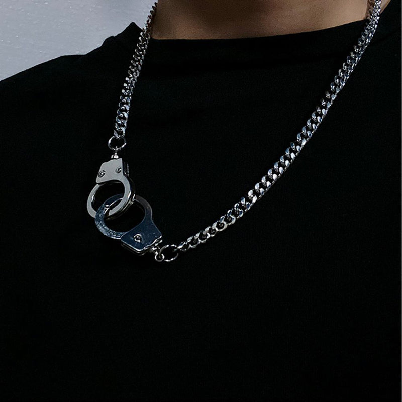 Women Mens Biker Rock Punk Necklace Dark Gothic Handcuffs Pendant Chain Choker