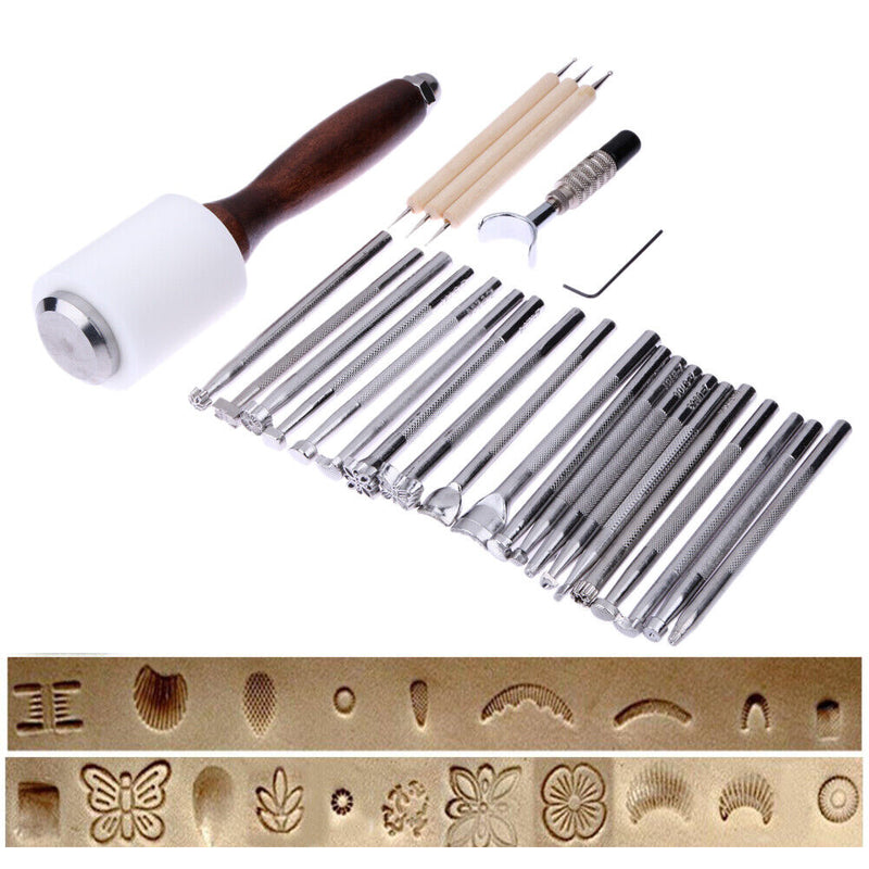 25PCS/Set Manual Leather Carving Stamp Hammer Embossing Beveler Tools Kit