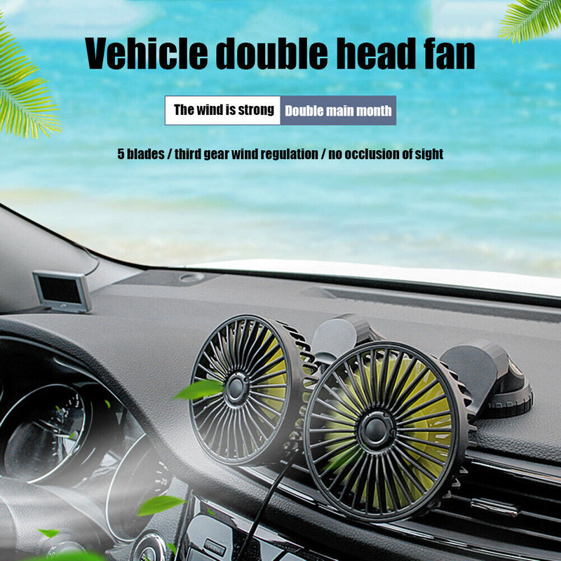USB Powered Car Fan Multi-Angle Rotatable Dual Head 3-Speed Dashboard Dual Head