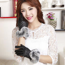 Women Rabbit Fur Ball PU Leather Gloves Winter Mitten Grid Gloves (Black)