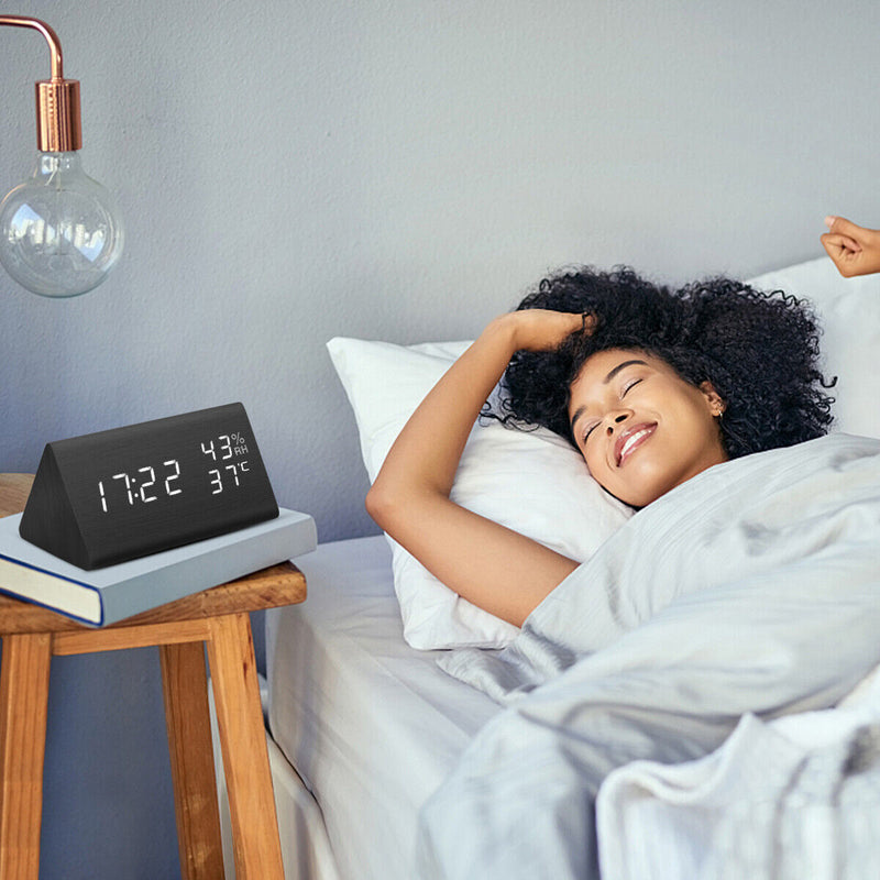 Wooden Digital Alarm Clock White LED Light Bedside USB Battery Voice Control US