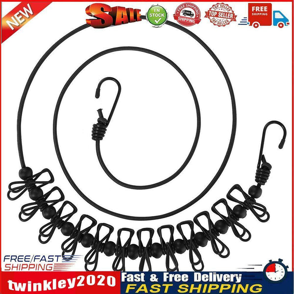 Travel Clothesline w/ 12 Clips Anti Slip Camping Cloth Hanger Rope (Black) Newly