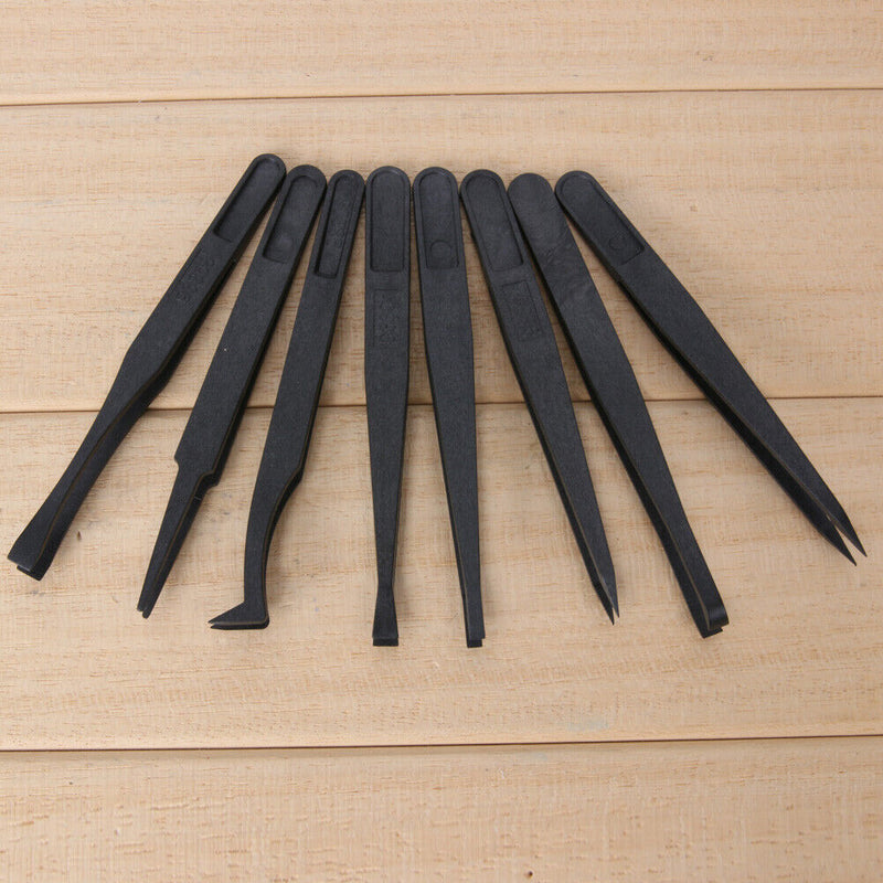 8pcs Portable Black Anti-static Plastic Tweezer Heat Resistant Repair Tool Newly