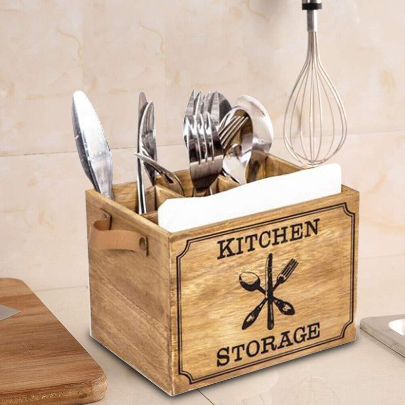 Wooden Cutlery Basket Kitchen Fork Chopstick Bucket Drainer Storage Box Newly