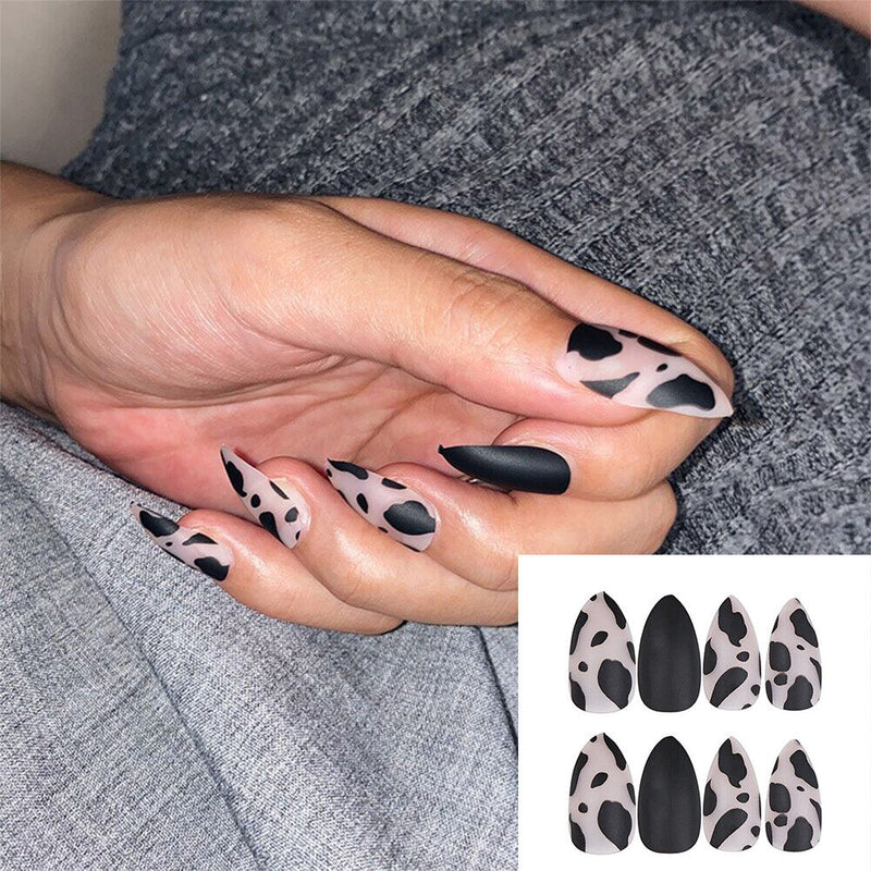 Women Black Matte Fashion With Glue Full Cover Stiletto Leopard False Nail Tips