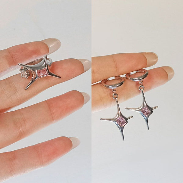 Earrings Star Ring Necklace Earring Set Pink Crystal Necklace Clip Earrings