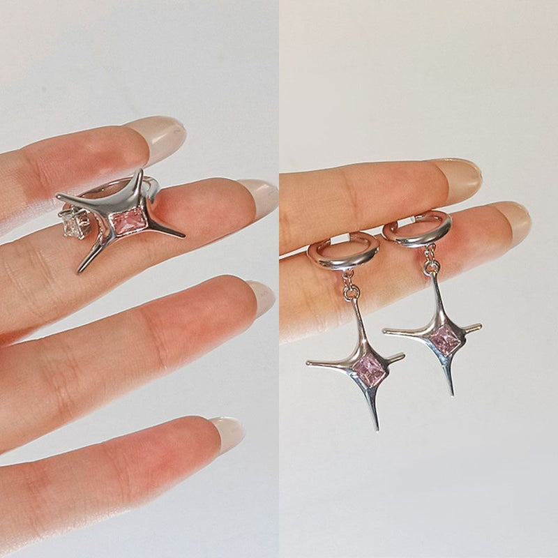 Earrings Star Ring Necklace Earring Set Pink Crystal Necklace Clip Earrings