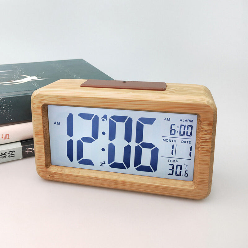 Digital Wooden Alarm Clock, Sensor Backlight Time Display Electronic Clocks