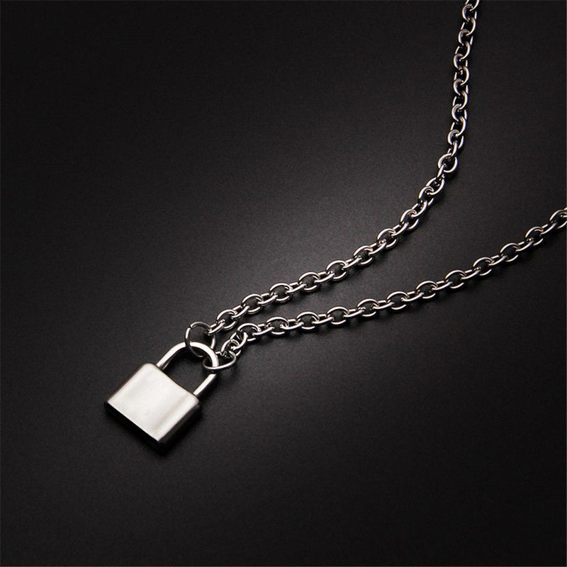 Steel  Chain Collar Statement Punk Choker Long Chain PadLock Pendant Necklace
