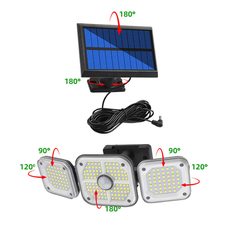 LED Wall-Mounted Solar 3 Head Motion Sensor Garden Outdoor Light (186LED) Newly