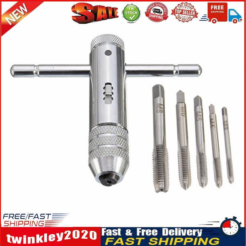 5pcs T-handle Screw Tap Ratchet Taps with Spanner Wrench Drift Holder Set Newly