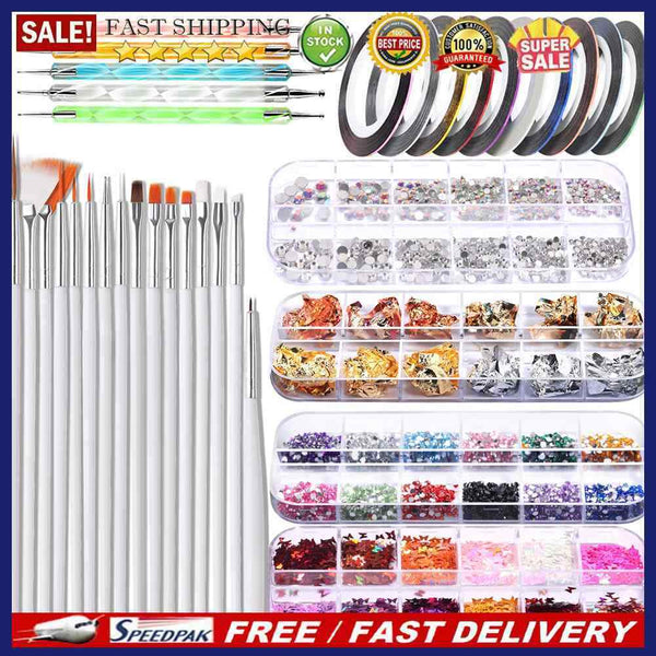 Nail Foil Paper Sequins Nail Lines Tools Kit DIY Nail Brush Painting Dotting