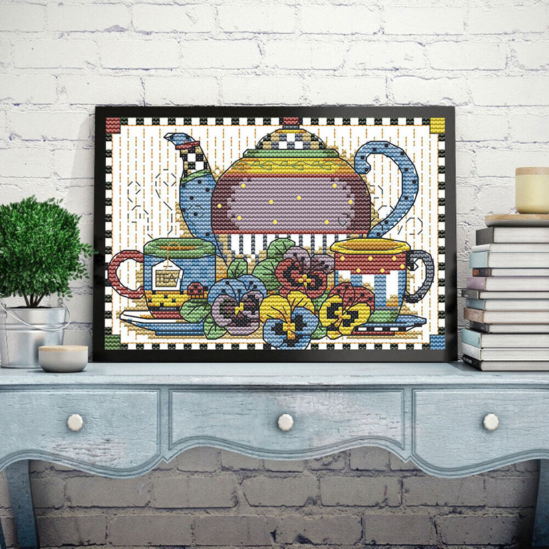 Tea Set Partial Cross Stitch 14CT Cotton Thread Printed Embroidery Kits