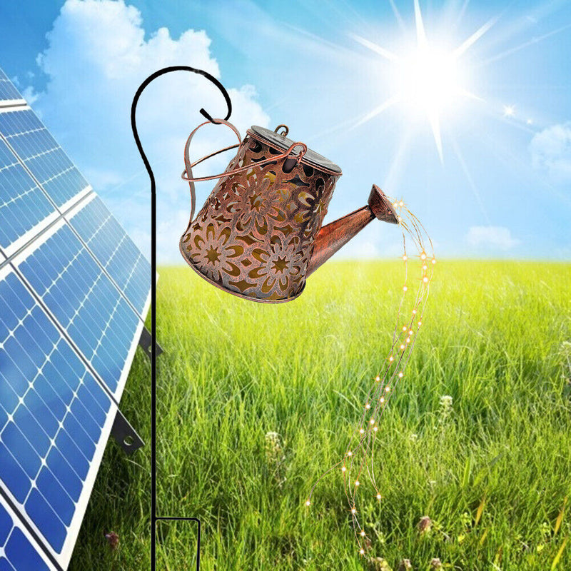 LED Solar Watering Can Lamp Garden Art Metal Iron Kettle Light (C Hook Up)