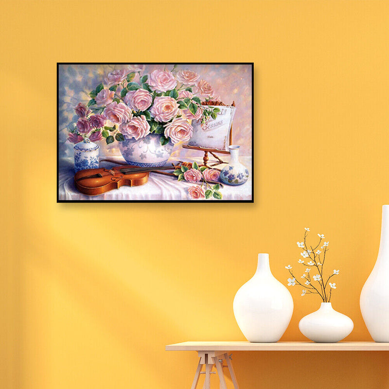 DIY Pink Rose Full Drill Round Diamond Painting Mosaic Kit Flower Picture Decor