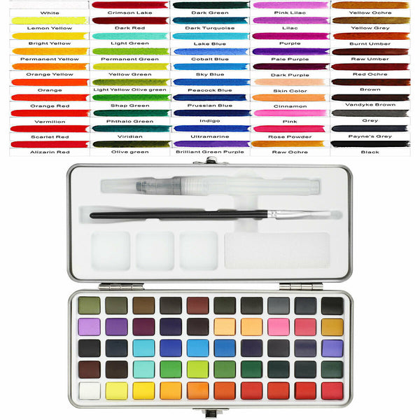Professional 50 Colors Watercolor Paint Draw Painting + Water Brush Pigments Set