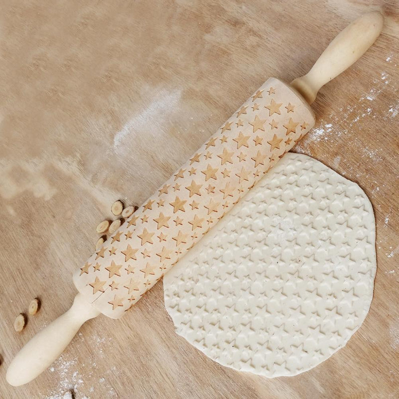 Wood Embossing Engraved Stars Rolling Pin Stencil for DIY Baking Cookies