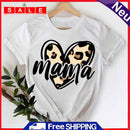 White L Leopard Fashion Heart Mama O Neck Women Short Sleeve T-Shirt-08451