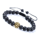 Unisex Lion Head Charm Beads Bangle Adjustable Strand Bracelet (Lava Stone)
