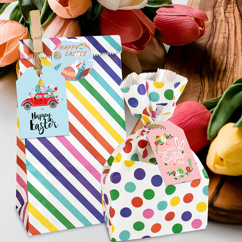 Easter Paper Bag 24 Sets Wrapped Treat Bag with Stickers Clips 10m Ropes